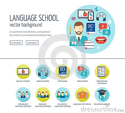 Foreign language learning web design concept for website and landing page. Foreign language school and courses. Flat design. Vector Illustration