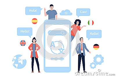 Foreign languages greetings, multilingualism and mobile translation. Student global multilingual chatting, international Vector Illustration
