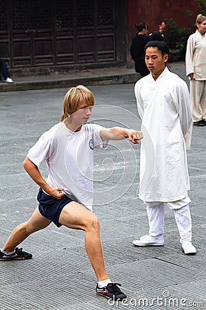 Foreigners learn Chinese Kung Fu in Wudang Mountain, China Editorial Stock Photo