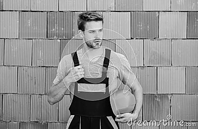 Foreman planning. man build house. skilled architect repair and fix. building and construction. worker brick wall Stock Photo