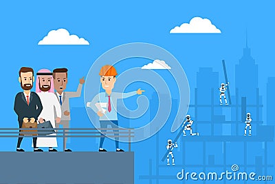 foreman show to business people robots builders build construction modern technology Vector Illustration