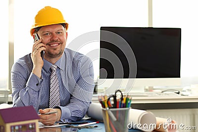 Foreman Sketching Architect Blueprint Making Deal Stock Photo