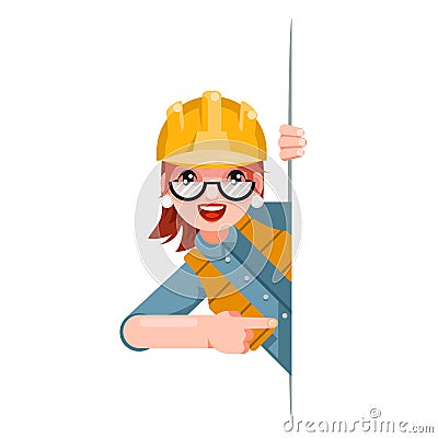 Foreman woman worker professional builder engineer look out corner promotion pointing finger cartoon female character Vector Illustration