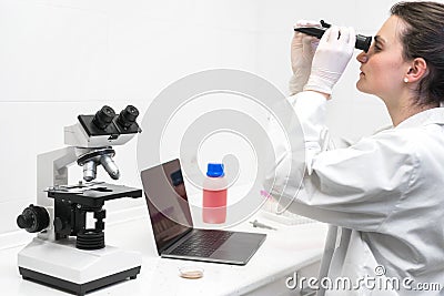 Forensic Laboratory worker studying samples with refractometer and microscope, laptop on table, Forensic science. Stock Photo