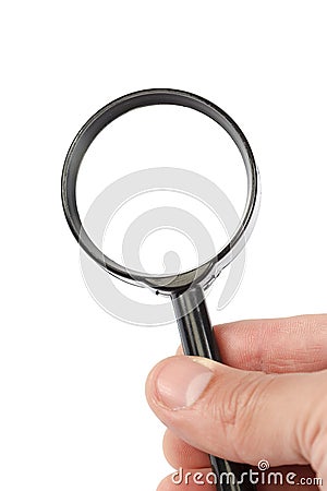 Forensic magnifier in hand on white background. Stock Photo