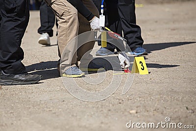 Forensic team searh and evidence marker in crime scene training Stock Photo