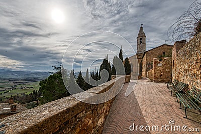 Foreshortening of the medieval city of Pienza in Tuscany Italy Stock Photo