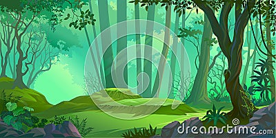 Sunrays falling deep into a thick jungle Vector Illustration