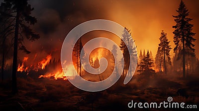 The forest is ablaze as trees burn and smoke billows into the sky. The fire rages on, threatening to consume the entire Stock Photo