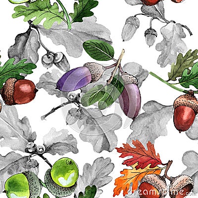 Forest acorn pattern in a hand drawn watercolor style. Stock Photo