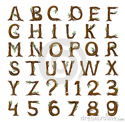Forest Alphabet with Letters Arranged from Tree Trunks and Branches Big Vector Set Vector Illustration