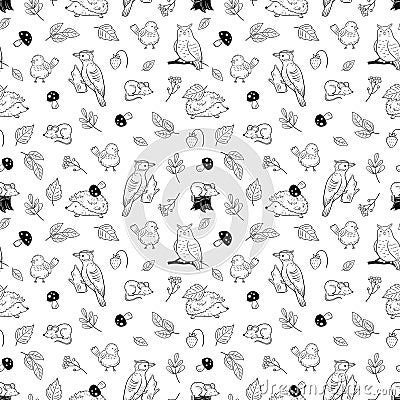 Forest animal pattern. Cute animals and birds, autumn forest vector seamless texture Vector Illustration