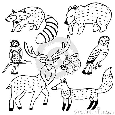 Forest animals drawings ink set Vector Illustration