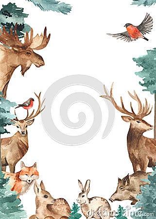 Watercolor rectangular frame with forest animals, elk, deer, fox, hare, wild boar, pine and fir trees Stock Photo