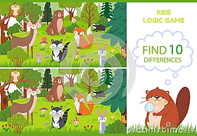 Forest animals find differences game. Educational kids games characters, woodland animal and wild forests vector cartoon Vector Illustration