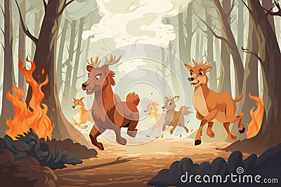 Forest animals fleeing from forest fire Cartoon Illustration