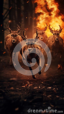 Forest animals fleeing from forest fire Stock Photo