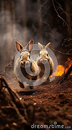 Forest animals fleeing from forest fire Stock Photo