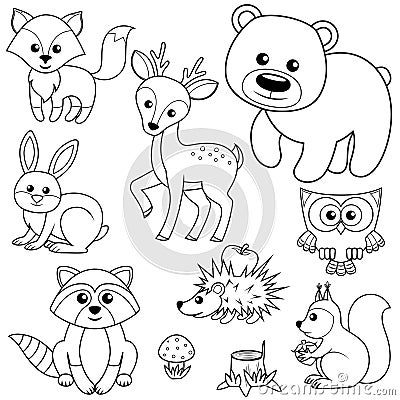 Forest animals. Fox, bear, raccon, hare, deer, owl, hedgehog, squirrel, agaric and tree stump. Black and white vector illustration Vector Illustration