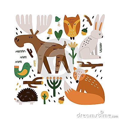 Forest animals. Hand drawn cartoon scandinavian style set, cute scandi elk and fox, bird and hare. Little hedgehog and owl. Square Vector Illustration