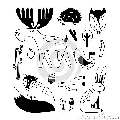 Forest animals. Hand drawn doodle scandinavian style set, cute scandi elk and fox, bird and hare. Little hedgehog and owl, square Vector Illustration