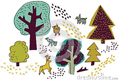 Forest and animals isolate on white nature design elements. Vector Illustration