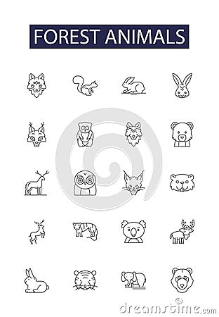 Forest animals line vector icons and signs. Bears, Wolves, Squirrels, Deer, Lynx, Boar, Rabbits, Badgers outline vector Vector Illustration
