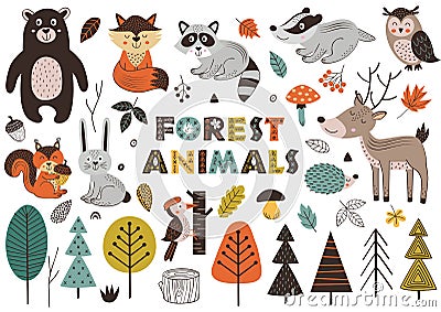 Forest animals and plants in Scandinavian style Vector Illustration