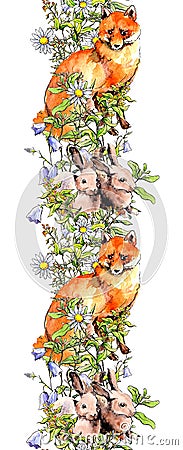 Forest animals - rabbits and fox in grass, flowers. Repeating border strip. Watercolor in sketch style Stock Photo