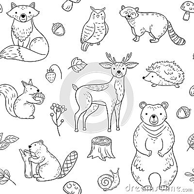 Forest animals seamless pattern. Fox Owl Raccoon Beaver Bear Hedgehog Squirrel Fox. Woodland baby animal vector Vector Illustration