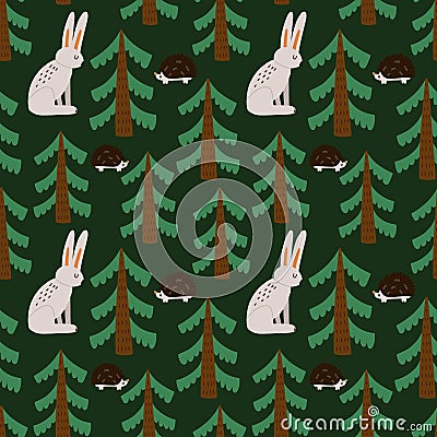 Forest animals seamless pattern. Hand drawn cartoon scandinavian hedgehog and hare cute scandi illustration, kids clothers and Vector Illustration