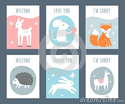 Forest Animals Sentimental Notes and Cards. Vector Illustration