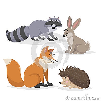 Forest animals set. Raccoon, hare, hedgehog and red fox. Happy smiling and cheerful characters. Vector zoo illustrations Vector Illustration