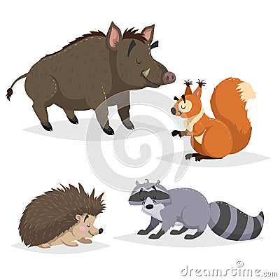 Forest animals set. Raccoon, hedgehog, squirrel and wild boar. Happy smiling and cheerful characters. Vector zoo illustrations Vector Illustration