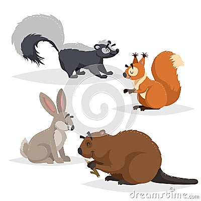 Forest animals set. Skunk, squirrel, hare and beaver. Happy smiling and cheerful characters. Vector zoo illustrations Vector Illustration