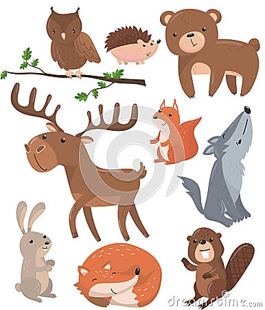 Forest animals set, woodland cute animal owl bird, bear, hedgehog, deer, squirrel, wolf, hare, fox, beaver cartoon Vector Illustration