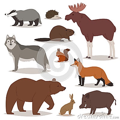 Forest animals vector cartoon animalistic characters bear fox and wild wolf or boar in woodland illustration set of elk Vector Illustration
