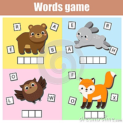 Forest animals. Write missing letters and complete words. Crossword for kids and toddlers. Educational children game. Vector Illustration