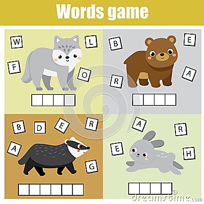 Forest animals. Write missing letters and complete words. Crossword for kids and toddlers. Educational children game Vector Illustration