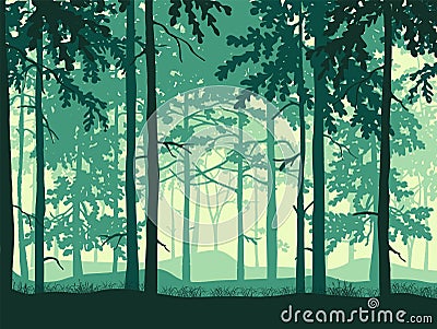 Forest background, silhouettes of trees. Magical misty landscape. Vector Illustration