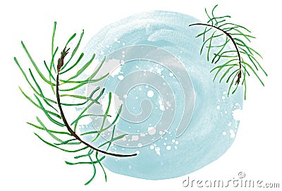 Forest branches of pine on the background of blue spots watercolor gouache background Stock Photo