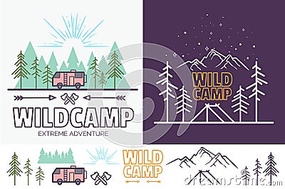 Forest camp linear vector illustration with tent, mountains, trees, cloud, sun. Camping travel tourism creative graphic Vector Illustration