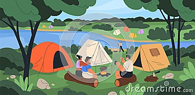 Forest camp scene with tents, river and campers around campfire. Summer landscape with people resting campsite outdoors Vector Illustration