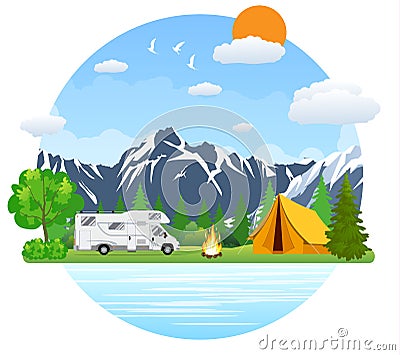 Forest camping landscape with rv traveler bus in flat design. Vector Illustration