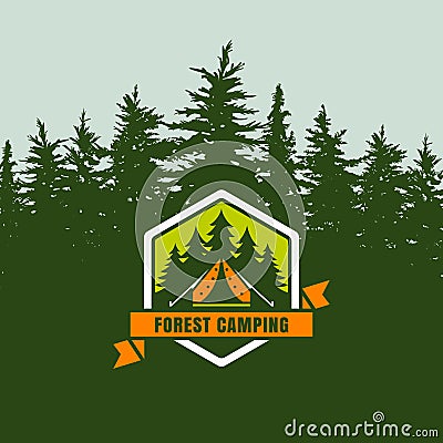 Forest camping logo emblem or label on background with green fir-trees forest. Vector Illustration