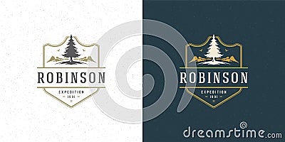 Forest camping logo emblem outdoor adventure leisure vector illustration mountain and pine tree silhouette Vector Illustration