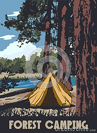 Forest Camping poster retro, camping outdoor travel. Tourism hiking summer forest, vector iluustration Vector Illustration