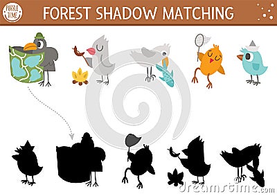 Forest or camping shadow matching activity with cute animals. Family nature trip puzzle with birds, raven with map, seagull with Vector Illustration