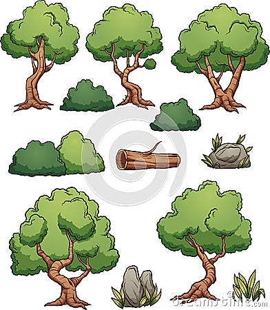 Forest cartoon trees and bushes Vector Illustration