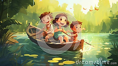 Children on vacation playing in a canoe on a river Stock Photo